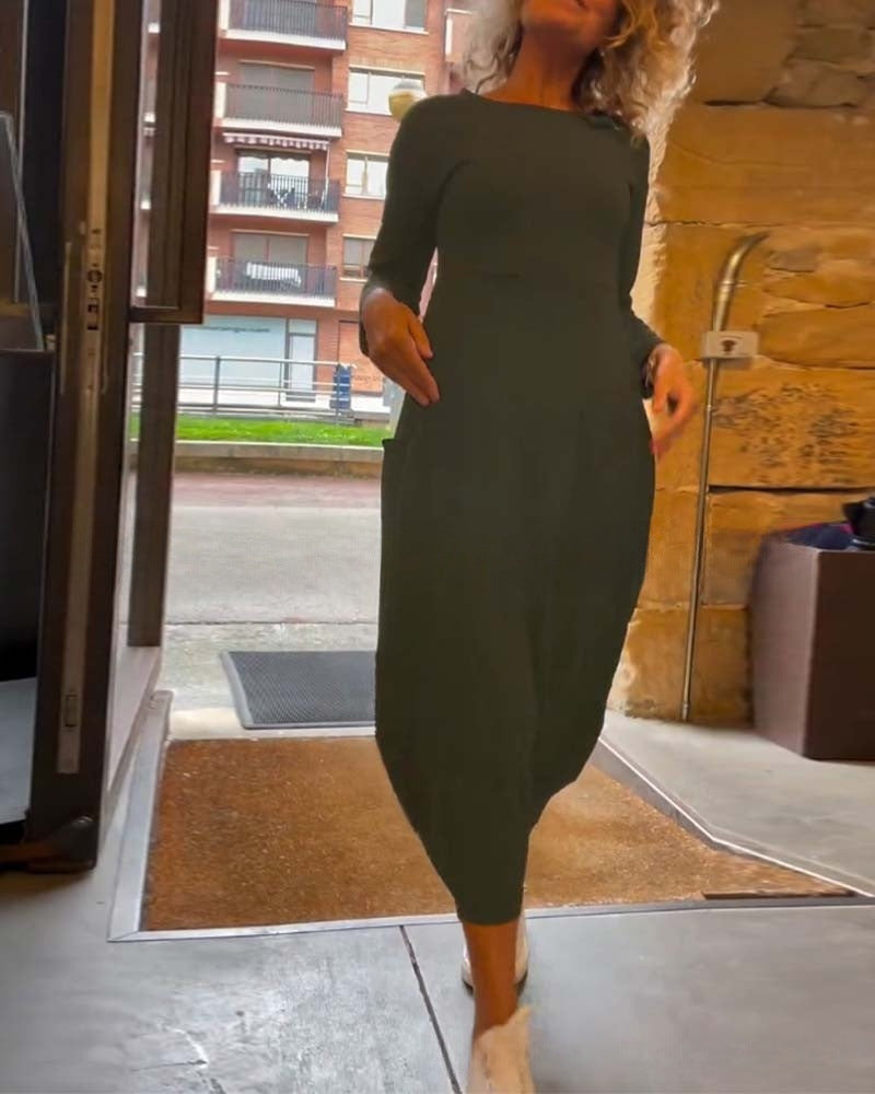 Round Neck Long Sleeve Pocket Cocoon Midi Dress 5
