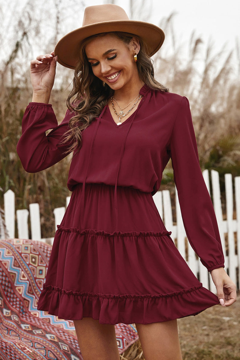 V-Neck Tie Neck Long Sleeve Ruffle Tiered Mini Dress