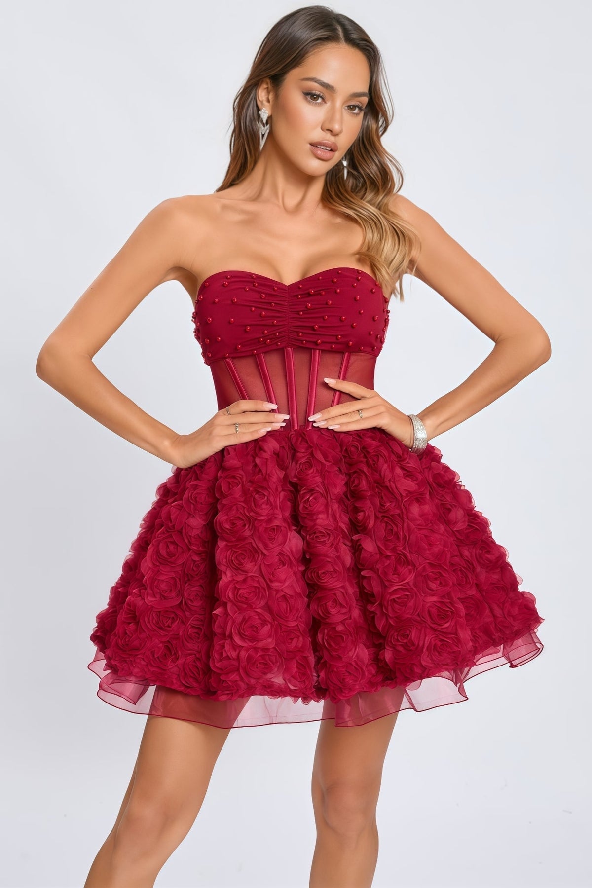 Beaded Strapless Corset 3D Rose Tulle Mini Dress - View 4