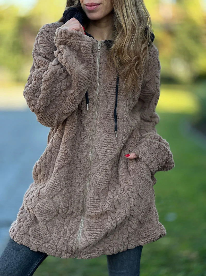Mid-Length Vintage Hooded Fur Zip-Up Knitted Coat for Comfort