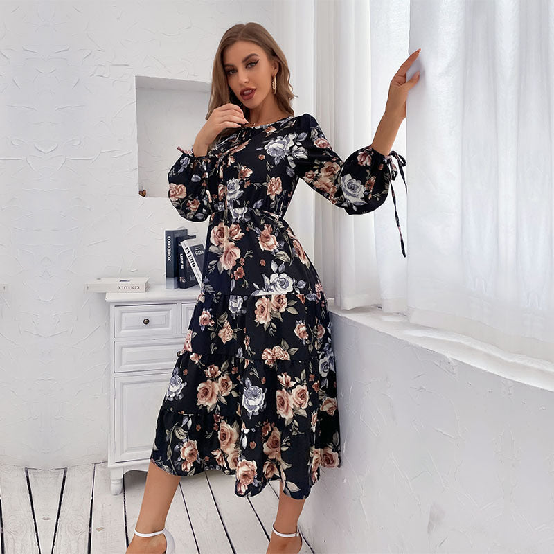 Floral Print Round Neck Long Sleeve Tiered Fit & Flare Midi Dress