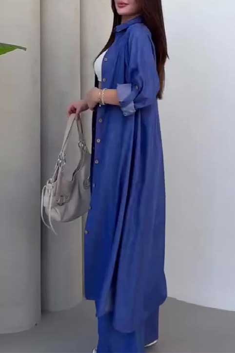 Sophisticated Single-Breasted Coat with Wide-Leg Pants Set