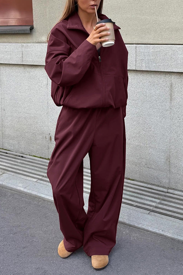 Vintage Burgundy Lapel Trench Coat and Slim-fit Trousers Set