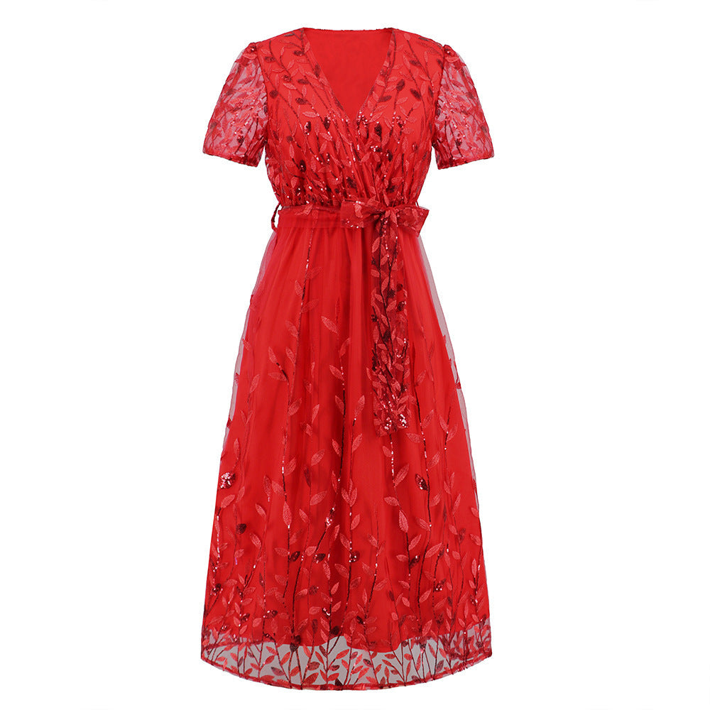 Mesh Embroidered Leaf Sequin V-Neck Wrap Tie Waist A-Line Midi Dress - View 9