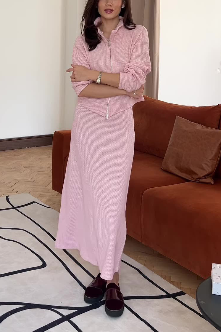 Chic Solid Color Knit Lapel Zip-Up Coat and Maxi Skirt Set