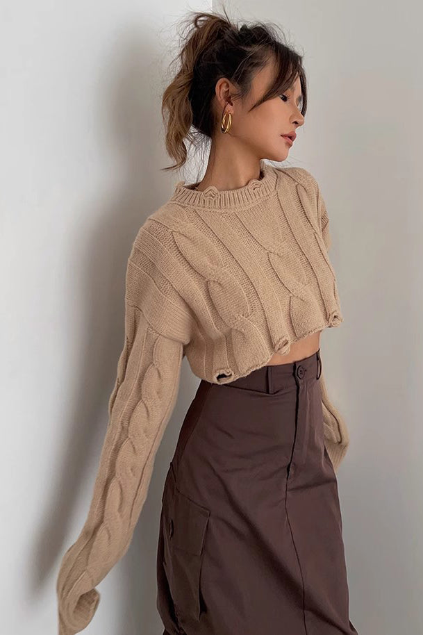 Ripped Crew Neck Cable Knit Crop Sweater for Stylish Comfort