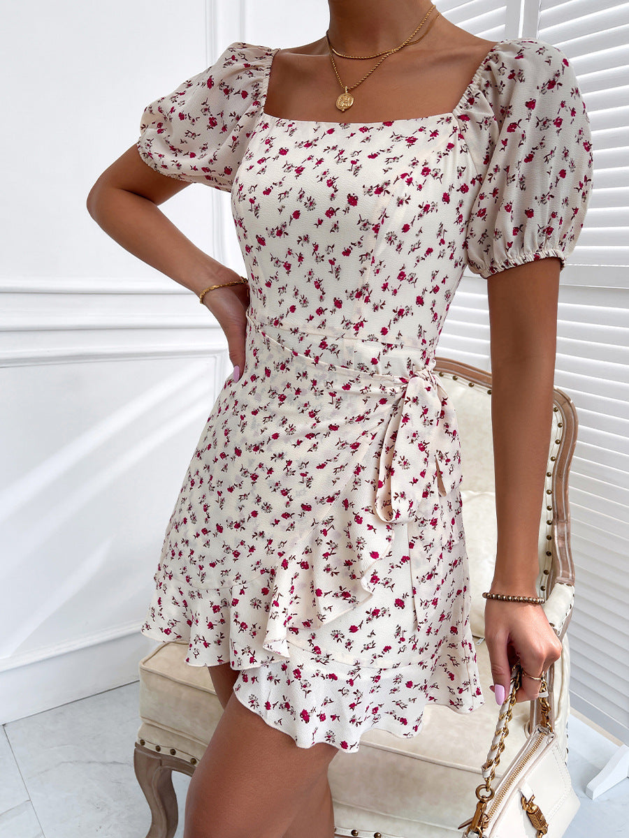 Floral Print Square Neck Puff Sleeve Ruffle Wrap Mini Dress