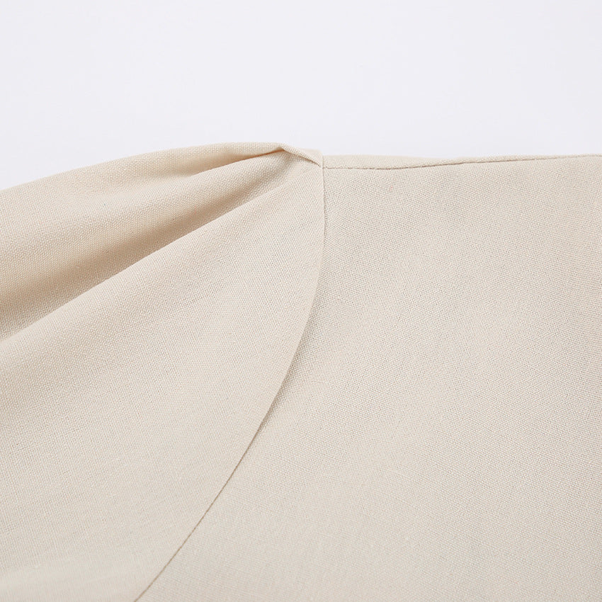 Linen V-Neck Button-Front Puff-Sleeve Midi Dress 16