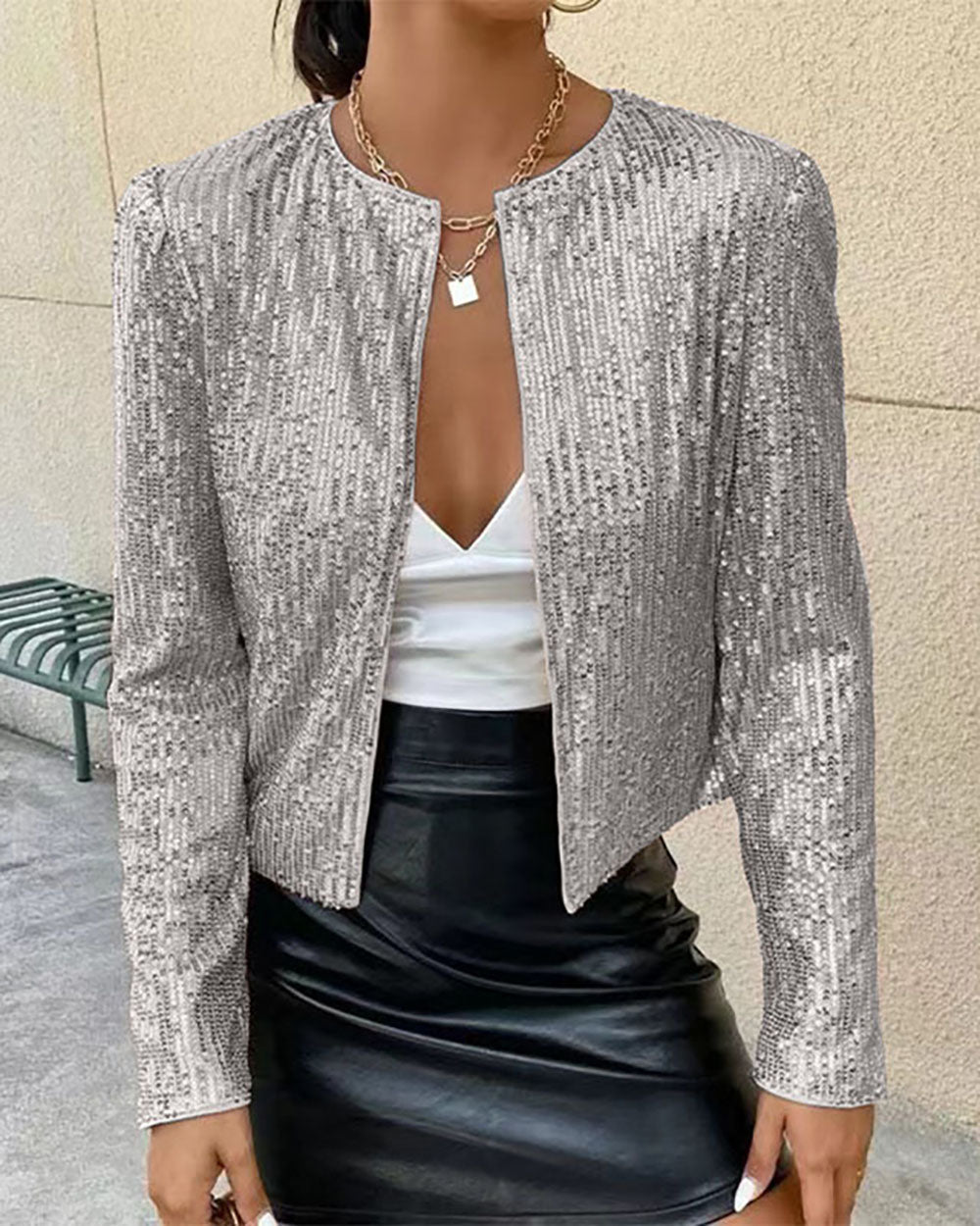 Smart Sequined Stand-Up Collar Short Coat for Stylish Elegance