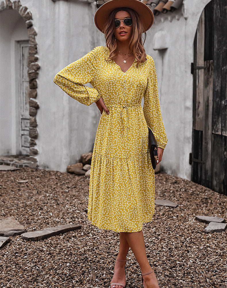 Floral Print V-Neck Long Sleeve Wrap Tiered Midi Dress