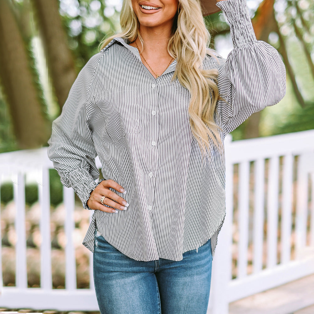 Striped Off Shoulder Long Sleeve Button Down Shirt 5
