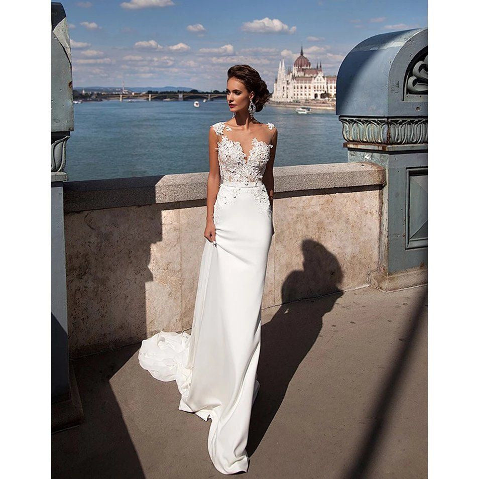 Sheer Tulle Long Train Wedding Dress