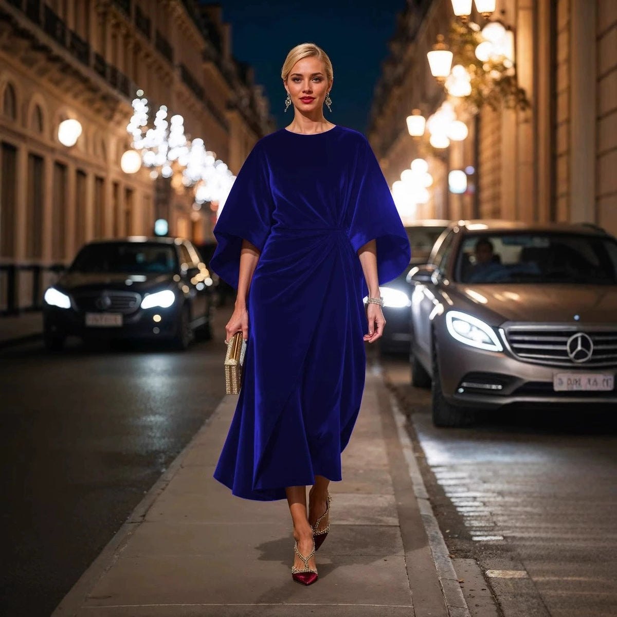 Velvet Round Neck Batwing Sleeve Side Twist Ruched Midi Cocktail Dress - View 3