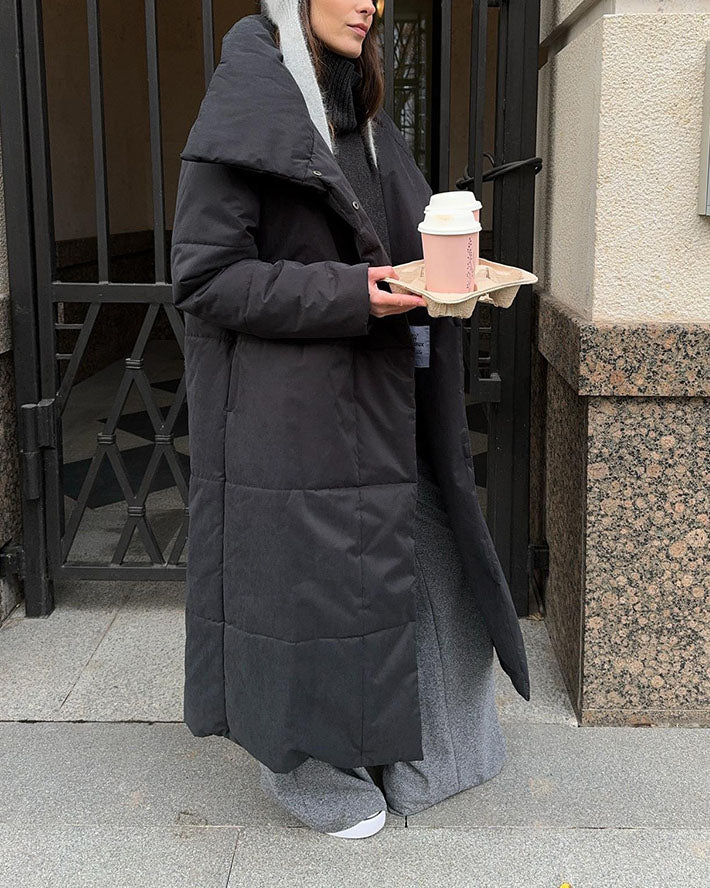 Elegant Long Cotton Coat with Large Lapel and Belt