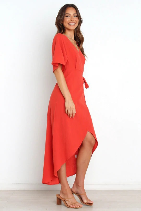 Wrap V-Neck Kimono Sleeve High-Low Midi Dress