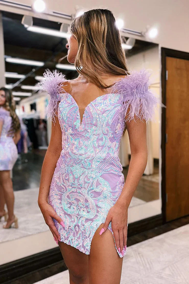 Cute Bodycon Off the Shoulder Lavender Sequins Short Homecoming Dresses with Feather - Fashionpara