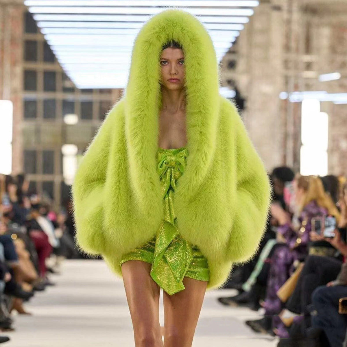 Faux Fur Hooded Oversized Cape Jacket