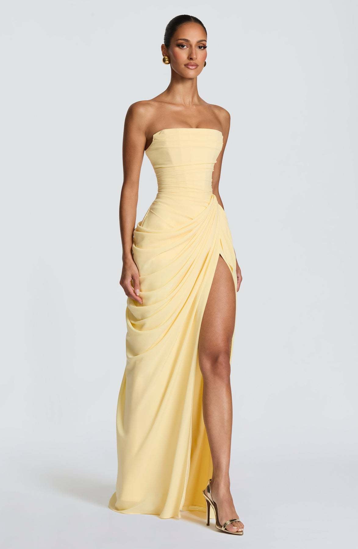 Ruched Strapless Thigh-Split Draped Maxi Gown