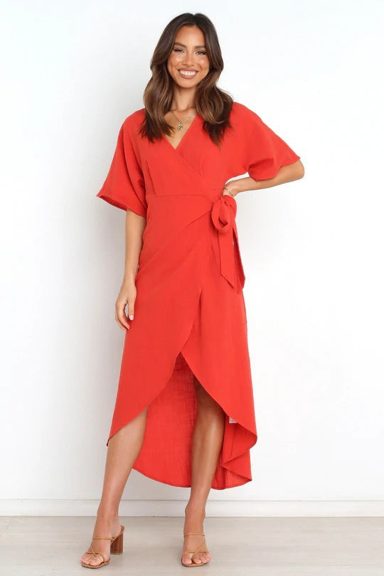 Wrap V-Neck Kimono Sleeve High-Low Midi Dress