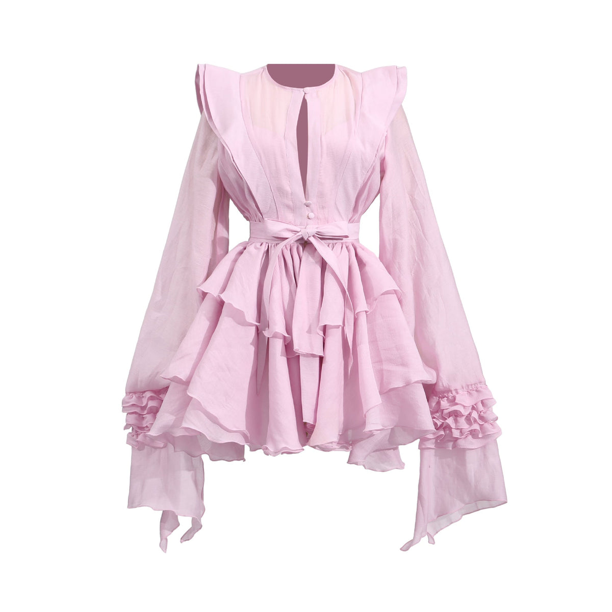 Chiffon Long Sleeve Tiered Ruffle Belted Mini Dress 5