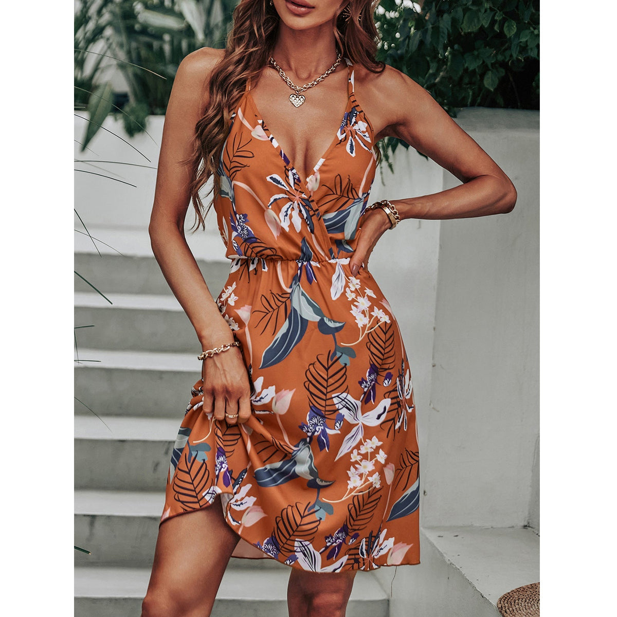 Tropical Print V-Neck Twist Front Mini Dress