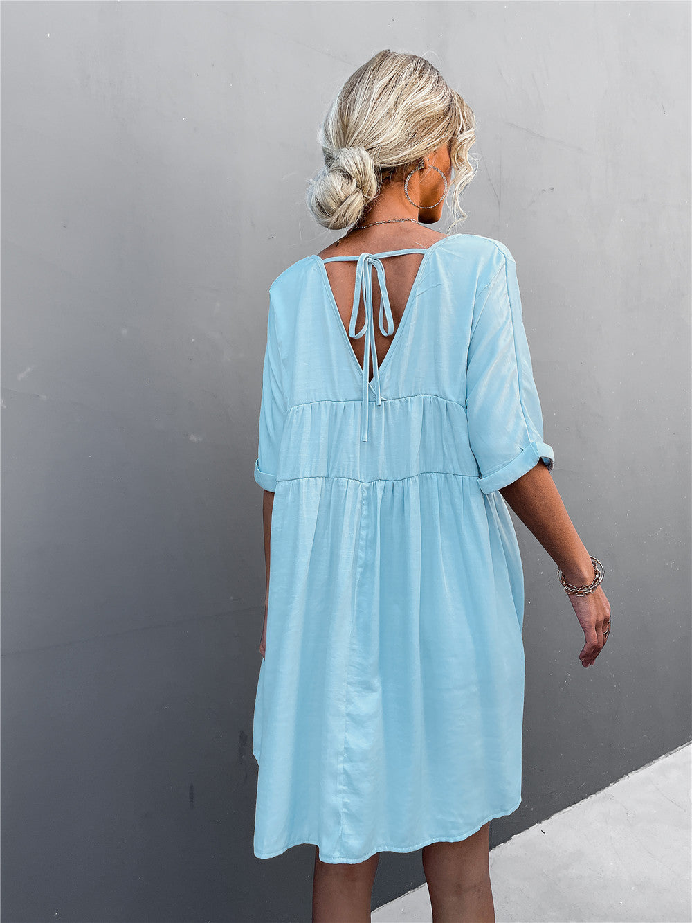 V-Neck Short Sleeve Babydoll Mini Dress
