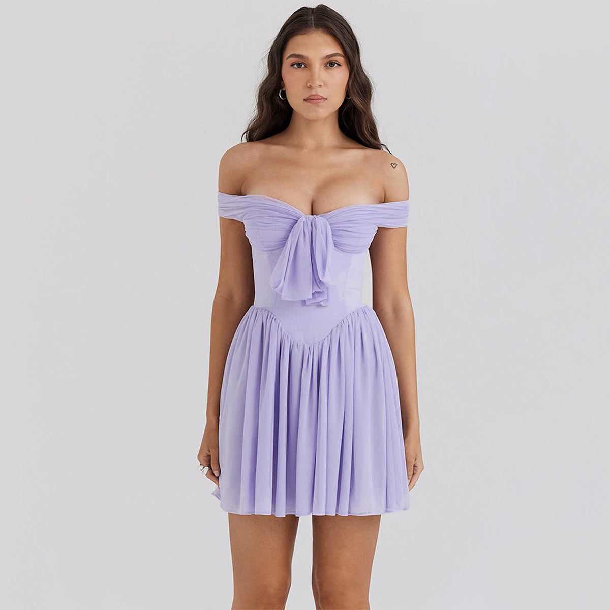 Off Shoulder Mesh Tube Top Purple Short Dress - View 2