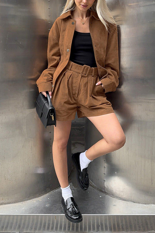 Vintage Brown Suede Lapel Jacket and Shorts Two-Piece Set