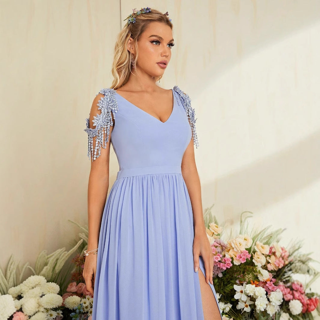 V-Neck Tassel Sleeve High Split Chiffon A-Line Maxi Dress - View 2