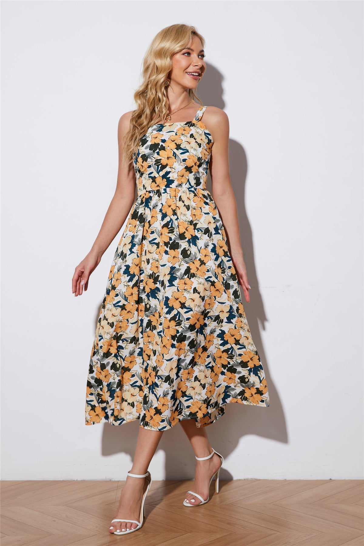 Floral Print Square Neck Fit & Flare Midi Dress