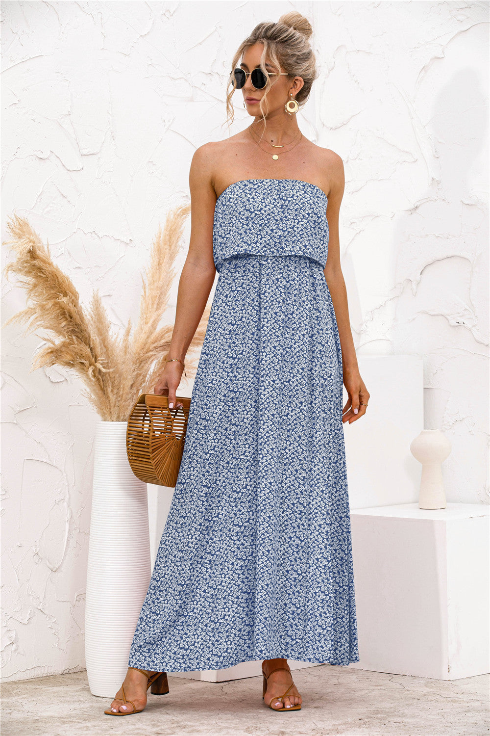 Floral Print Strapless Foldover High Slit Maxi Dress