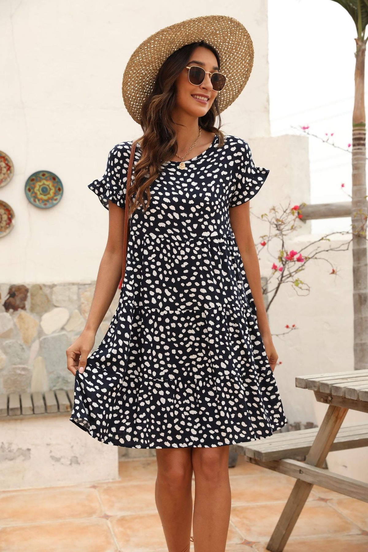 Spotted Print Flutter Sleeve Tiered Swing Dress