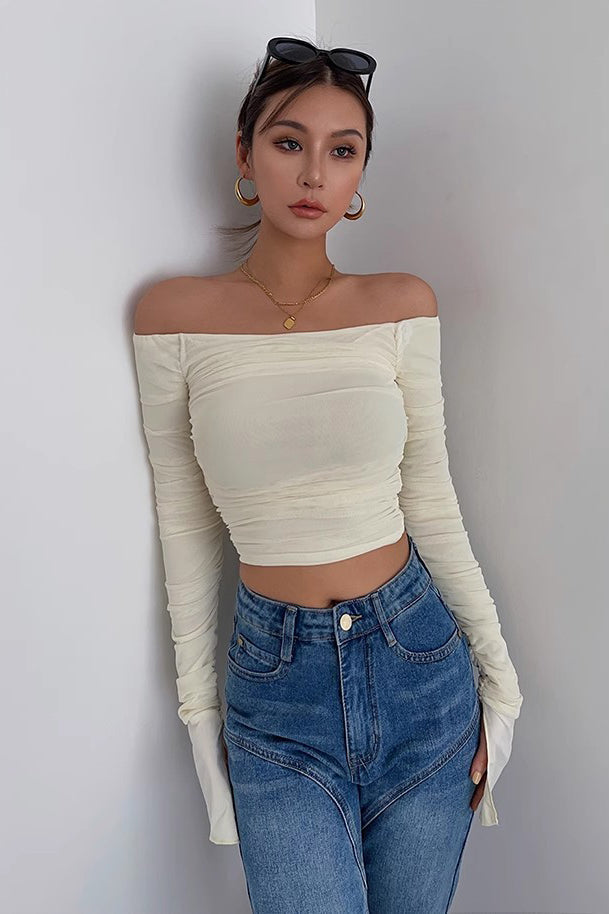 Off Shoulder Pleated Crop Tops Shirt