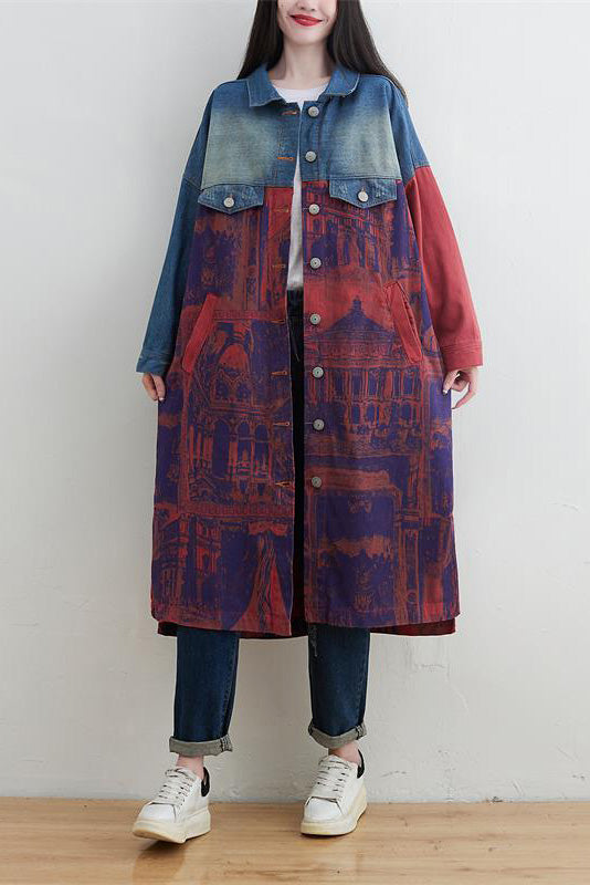 Stylish Knee-Length Patchwork Denim Trench Coat for All Seasons