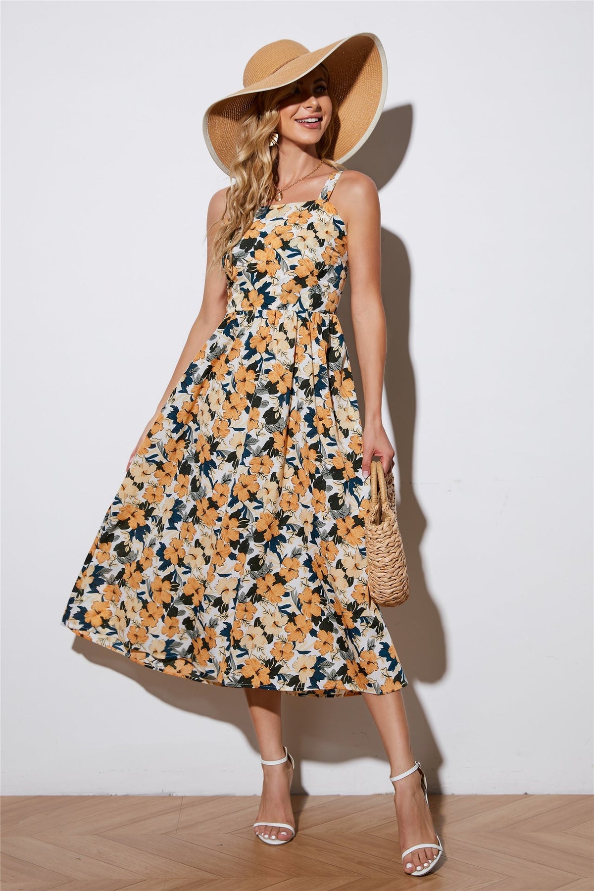 Floral Print Square Neck Fit & Flare Midi Dress