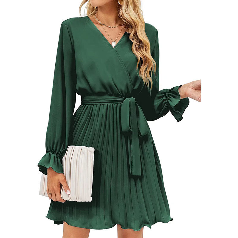 V-Neck Long Sleeve Pleated Fit & Flare Mini Dress