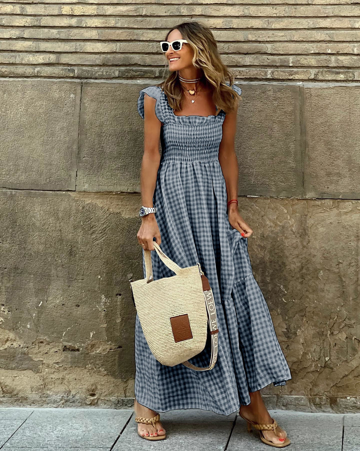 Gingham Square Neck Smocked Ruffle Strap Tiered Maxi Dress