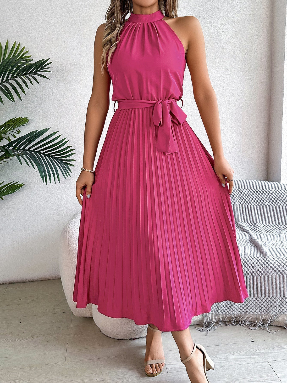 Halter Neck Sleeveless Belted Pleated Midi Dress 2