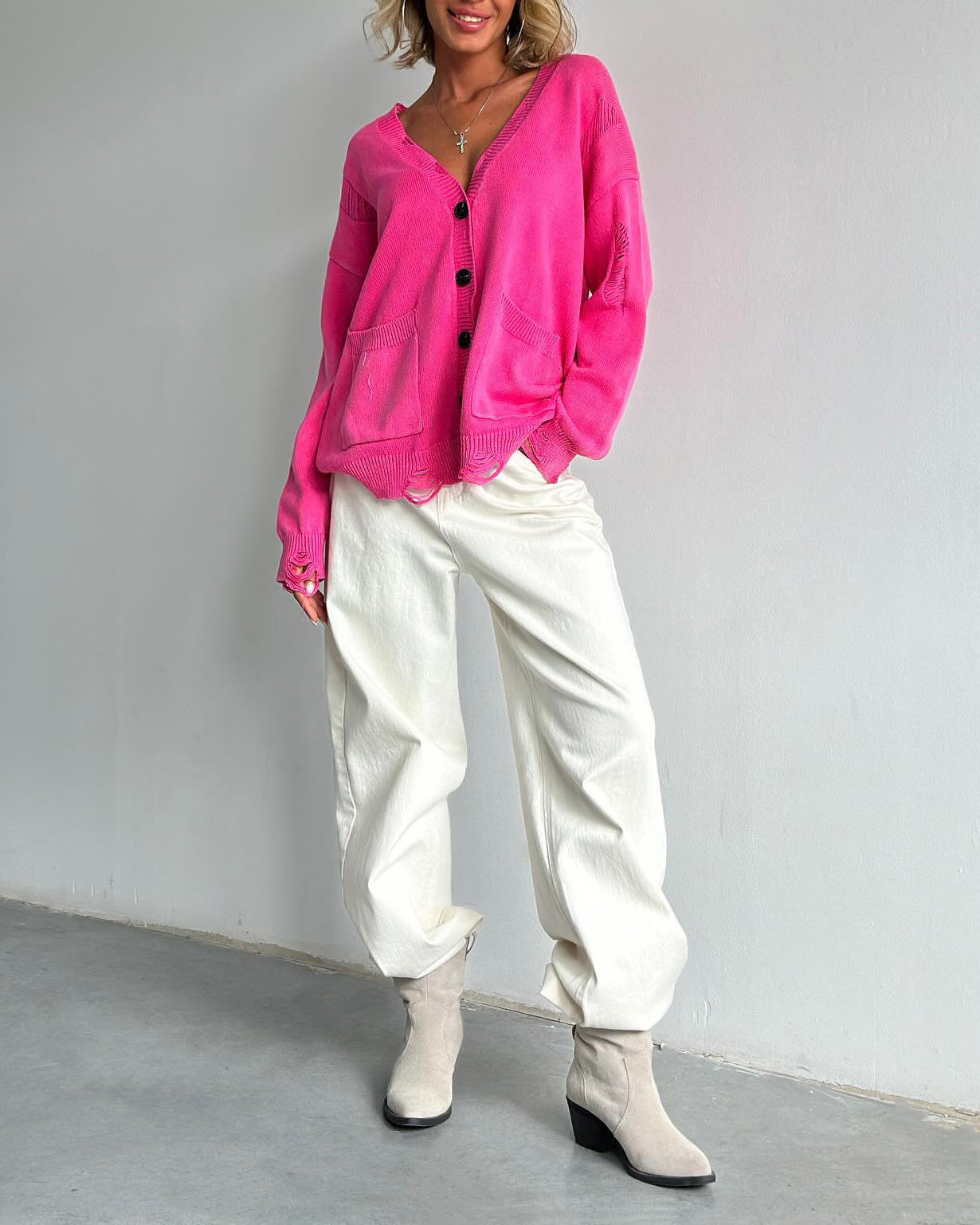 Cozy Distressed V-Neck Wool Cardigan for Effortless Style