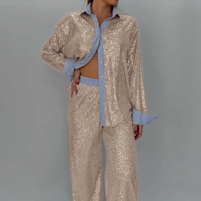Sequined Two-Piece Suit Jacket and Wide-Leg Pants Set