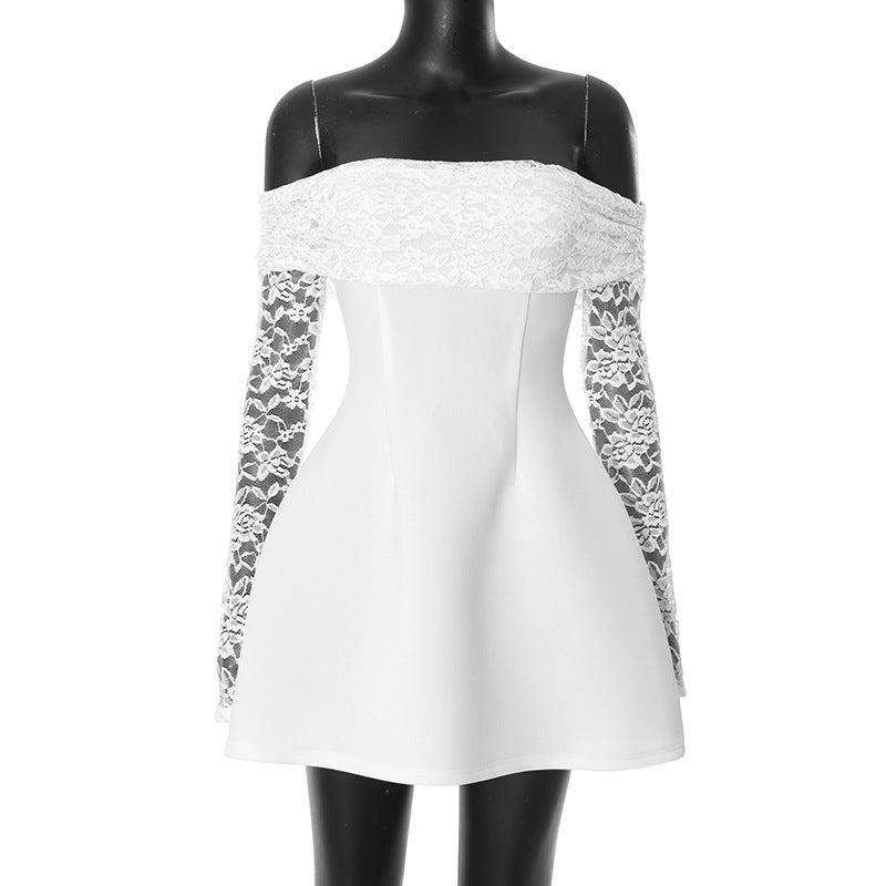 Off-Neck Lace Stitching Long Sleeve A-Line Dress - View 5