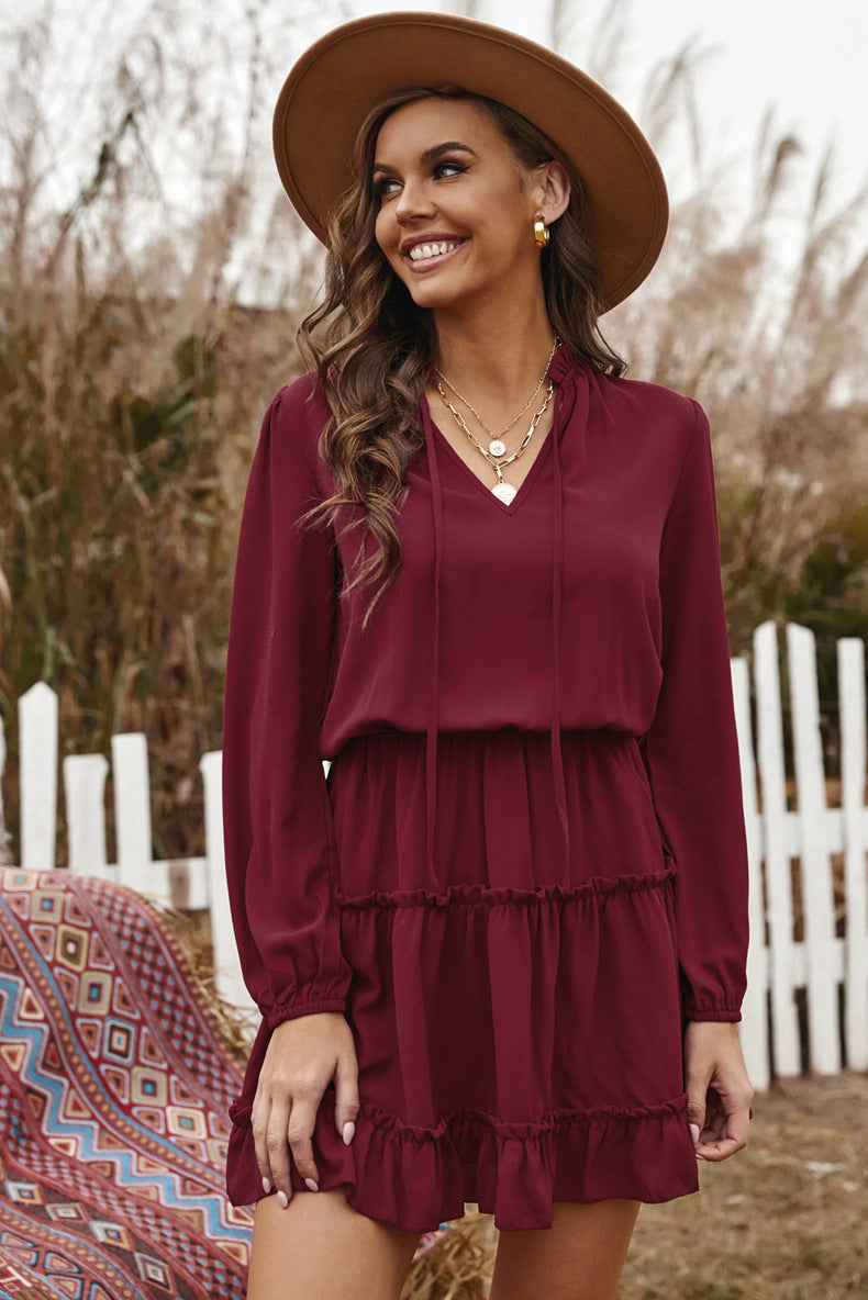 V-Neck Tie Neck Long Sleeve Ruffle Tiered Mini Dress