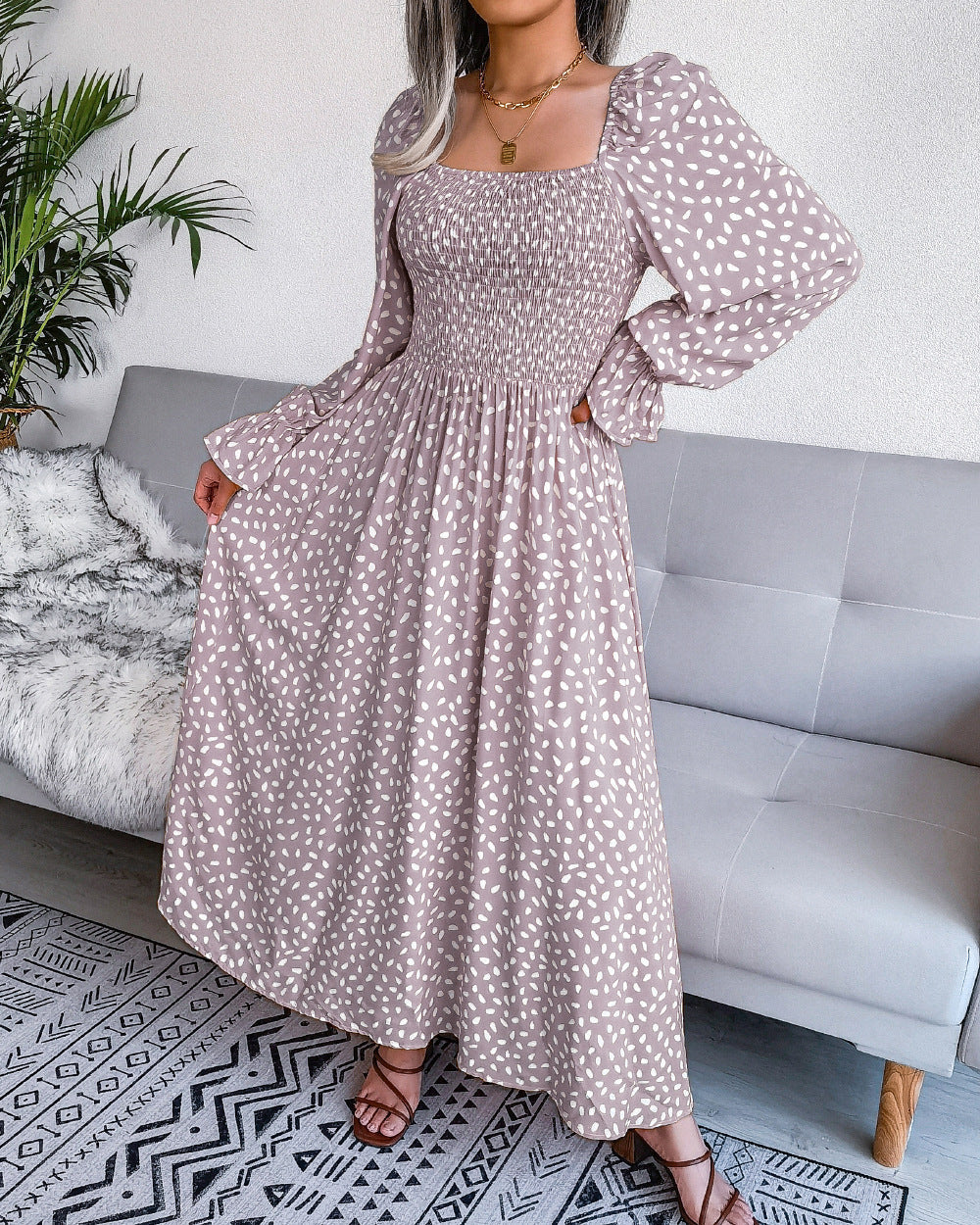 Animal Print Square Neck Long Sleeve Smocked Midi Dress