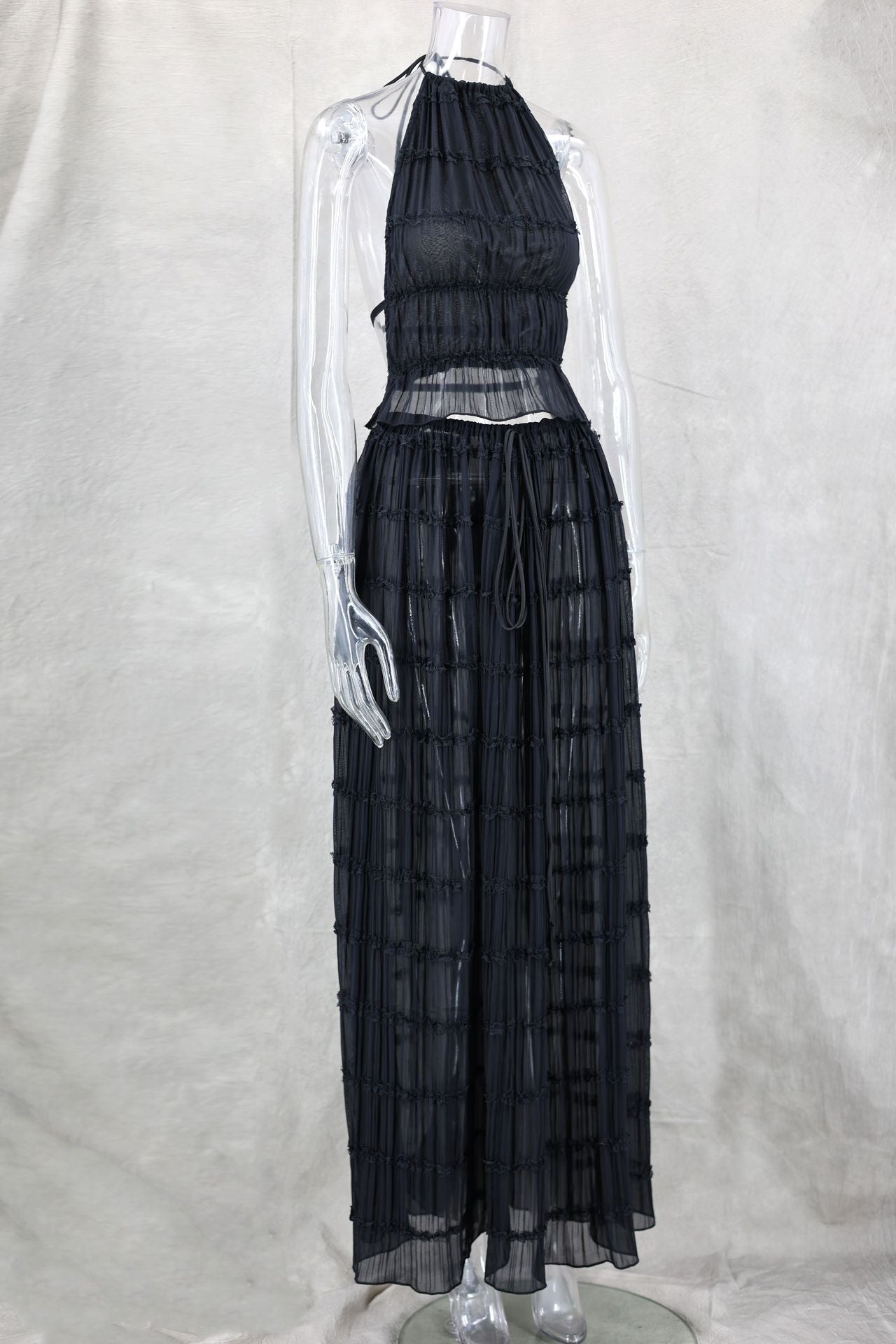 Open Back Halterneck Ruched Lace Trimmed Tank Top Maxi Skirt Set