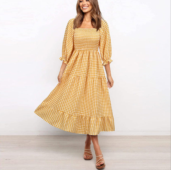 Gingham Square Neck Puff Sleeve Smocked Midi Dress