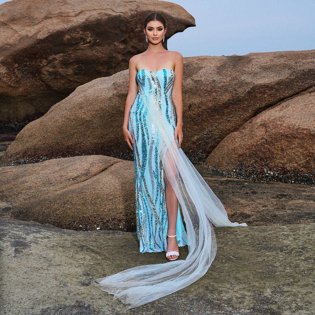 Sequin Strapless Sweetheart High Split Mermaid Evening Gown in Blue
