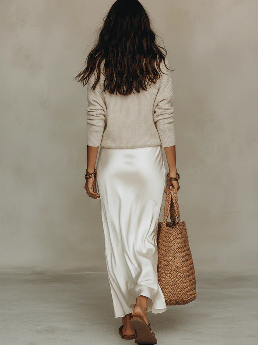 V-Neck Sweater and Satin Slip Maxi Dress Two Piece Set 4