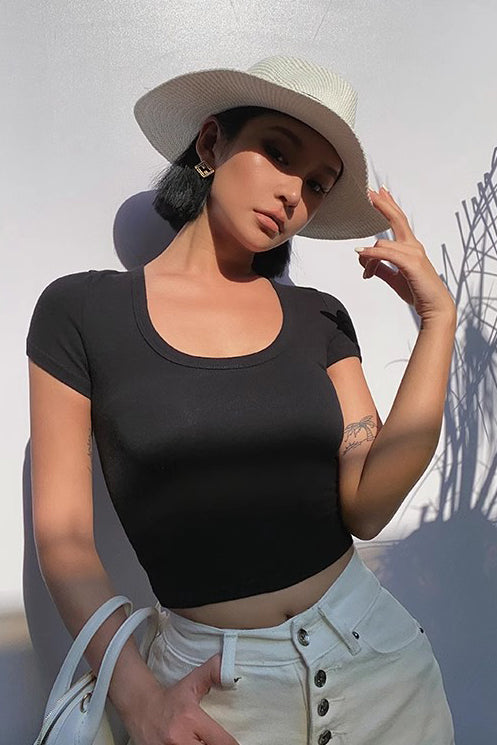 Short Sleeve Crew Neck Ribbed Tank Tops Fitted Crop Shirts