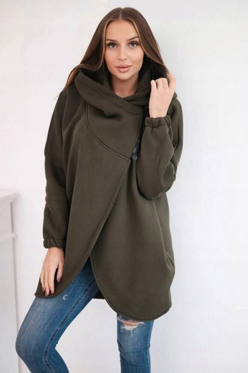 Chic Asymmetric Zip-Up Hooded Fleece Sweatshirt Coat