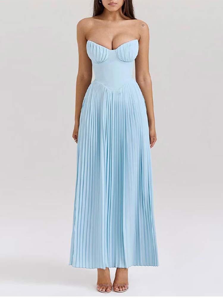 Elegant Pleated Strapless Maxi Dress - Fashionpara